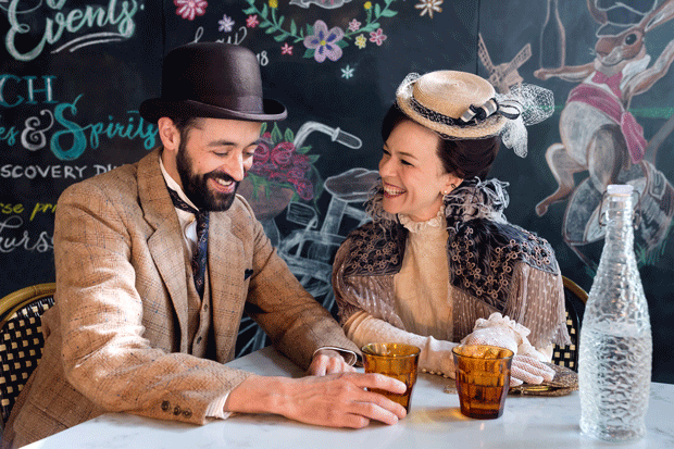 Dylan  Godwin as Albert Einstein and Elizabeth Bunch as Germain in Steve Martin&#39;s Picasso at the Lapin Agile, directed by Sanford Robbins, at the Alley Theatre.