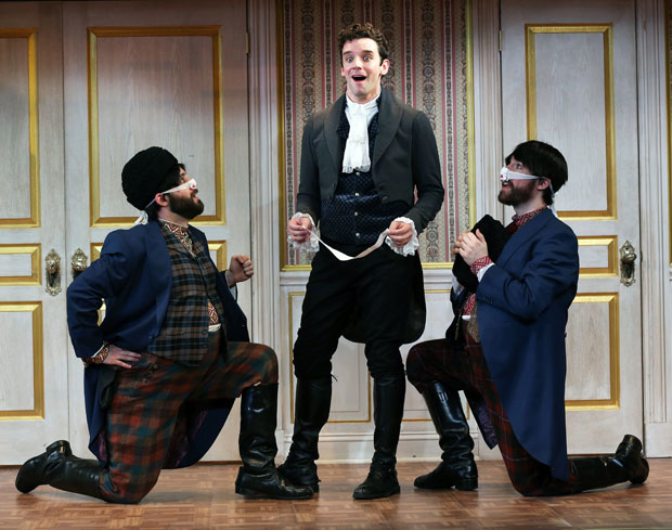 Ryan Garbayo, Michael Urie, and Ben Mehl in The Government Inspector, which won Best Revival at the 8th Annual Off Broadway Alliance Awards.