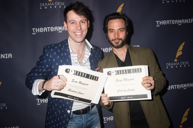 Bastard Jones star and Apothetae collaborator Evan Ruggiero shows off his nomination certificate with Gregg Mozgala at the 63rd Annual Drama Desk Awards nominees reception.