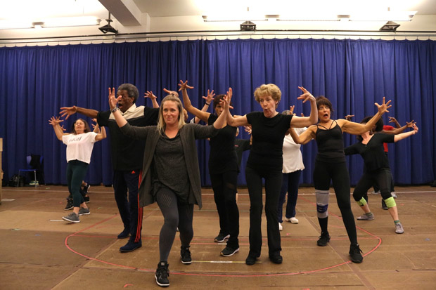 Haven Burton, Georgia Engel, and the cast of Half Time in rehearsal.