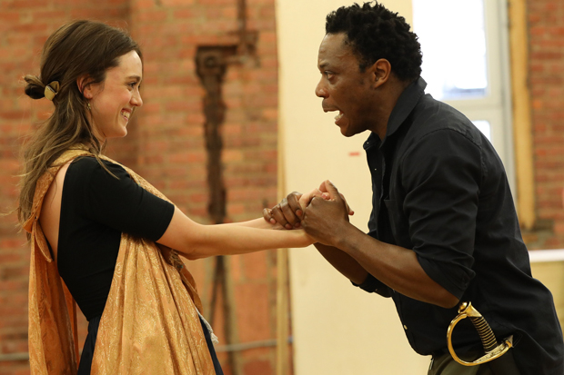 Heather Lind and Chukwudi Iwuji rehearse for the Shakespeare in the Park production of Othello, directed by Ruben Santiago-Hudson, at the Delacorte Theater in Central Park.