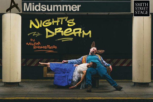 Titania and Nick Bottom rest on a subway platform in a promotional image for A Midsummer Night&#39;s Dream at Smith Street Stage.