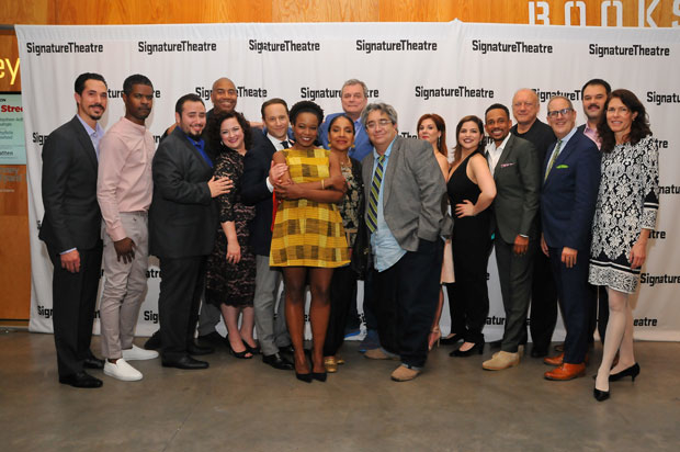 The company of Our Lady of 121st Street celebrate opening night at Signature Theatre.