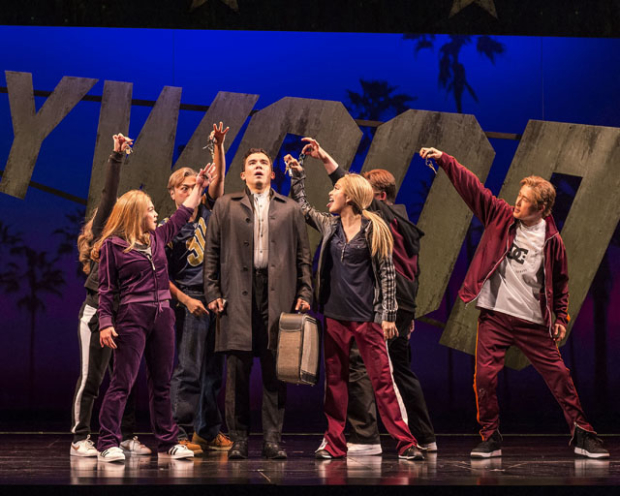 Conrad Ricamora (center) and the cast of Soft Power, directed by Leigh Silverman, at Center Theatre Group/Ahmanson Theatre. 