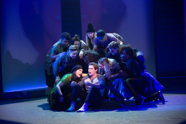 Derek Klena (center) and the cast of Jagged Little Pill, directed by Diane Paulus, at the American Repertory Theater.