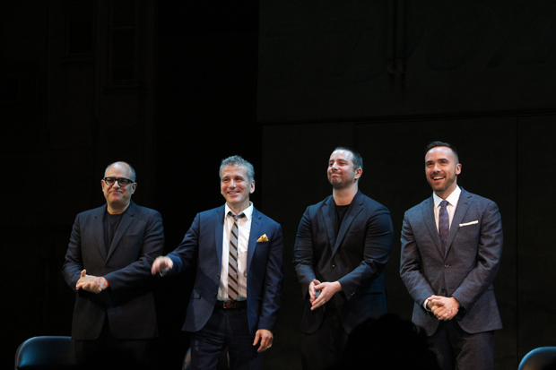 David Yazbek, David Cromer, Itamar Moses, and Patrick McCollum during the show&#39;s opening-night curtain call.