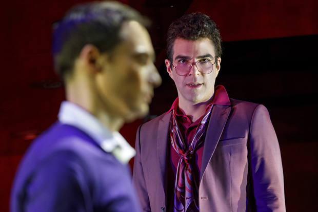 Michael (Jim Parsons) listens as Harold (Zachary Quinto) lays into him in The Boys in the Band.