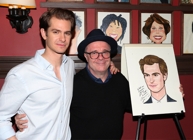 Nathan Lane joins Andrew Garfield and his portrait for a photo.