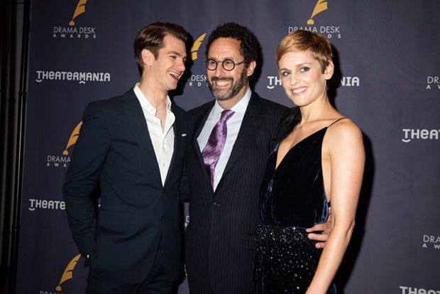 Andrew Garfield and Denise Gough, nominees for Angels in America with playwright Tony Kushner (center)