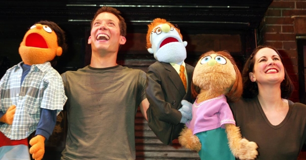 Princeton, John Tartaglia, Rod, Kate Monster, and Stephanie D&#39;Abruzzo during the opening-night curtain call of Avenue Q in 2003.