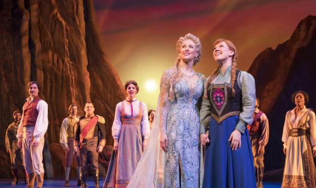 Caissie Levy as Elsa and Patti Murin as Anna in Broadway&#39;s Frozen. 