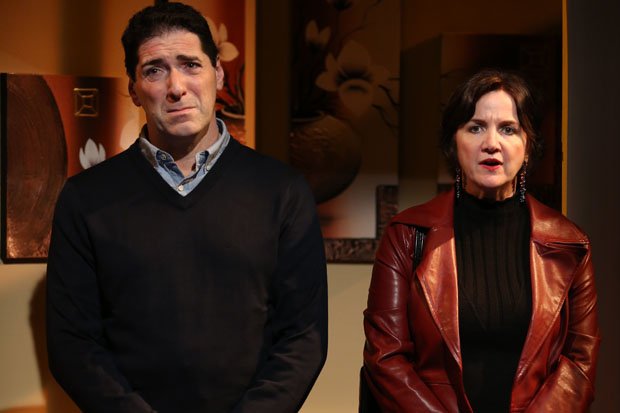 Nicholas Viselli and Pamela Sabaugh star in the off-off-Broadway revival of A.R. Gurney&#39;s The Fourth Wall, directed by Christopher Burris, for Theater Breaking Through Barriers at A.R.T./New York Theatres.