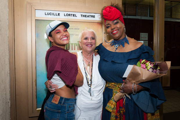 Kiersey Clemons (left) and Liz Mikel (right) star in the Abingdon Theatre Company&#39;s New York premiere of Fruit Trilogy by Eve Ensler (center).