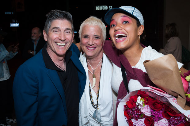 James Lecesne, Eve Ensler, and Kiersey Clemons get a photo together on opening night of Fruit Trilogy.