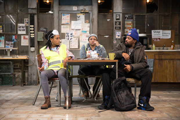 Kelly McCreary, Caroline Stefanie Clay, and Amari Cheatom star in Skeleton Crew, directed by Patricia McGregor, at the Geffen Playhouse.