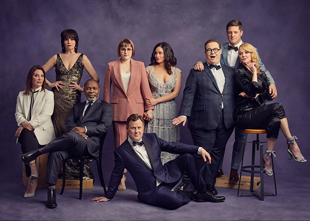 The company of The Prom: Courtenay Collins, Beth Leavel, Michael Potts, Caitlin Kinnunen, Brooks Ashmanskas, Josh Lamon, Christopher Sieber, and Angie Schworer, preview the new Broadway musical comedy.