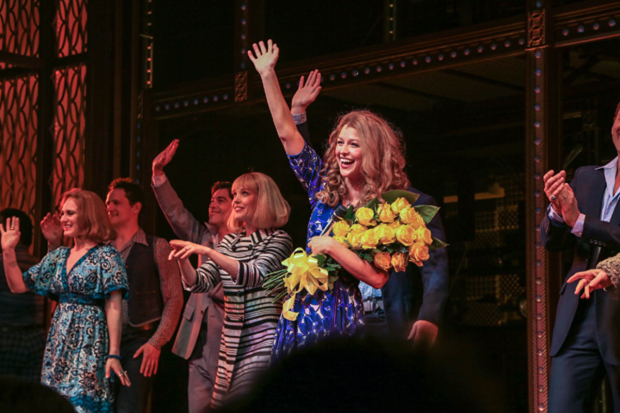 Melissa Benoist takes her first bows during curtain call for her star turn in Beautiful: The Carole King Musical.