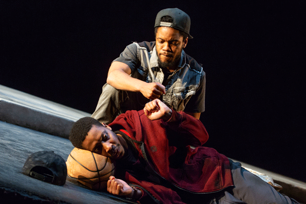 Namir Smallwood (lying down) and Jon Michael Hill in Antoinette Nwandu&#39;s Pass Over, directed by Danya Taymor, at Lincoln Center Theater at the Claire Tow.