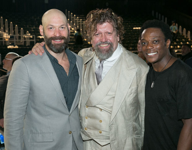 Corey Stoll, Oskar Eustis, and Chukwudi Iwuji celebrate opening night of Othello at the Delacorte Theater.