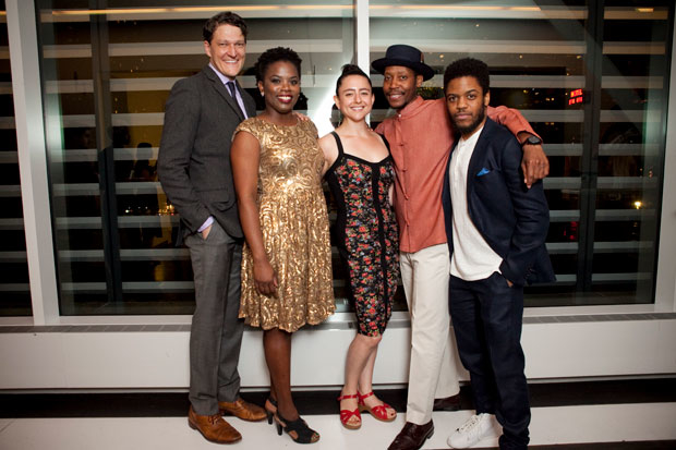 The company of Pass Over celebrate opening night at Lincoln Center Theater&#39;s Claire Tow Theater.
