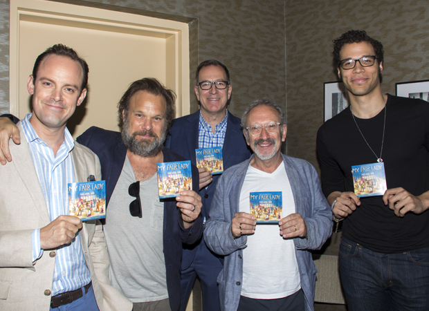 Harry Haddon-Paten, Norbert Leo Butz, Ted Sperling, Allan Corduner, and Jordan Donica show off My Fair Lady CDs.