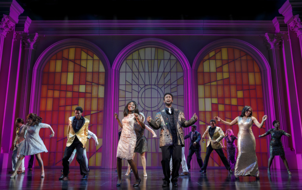 Loren Lott as CeCe Winans and Donald Webber Jr. as BeBe  Winans with members of the company in Born for This, directed by Charles Randolph-Wright, at the Emerson Cutler Majestic Theatre.