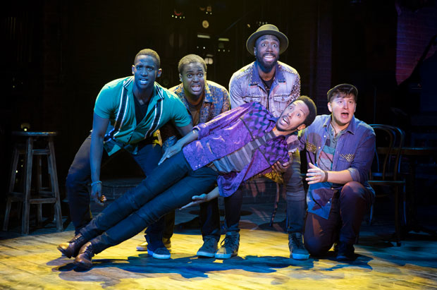 Jelani Remy, Shavey Brown, John Edwards, Dwayne Cooper, and Max Sangerman in the off-Broadway revival of Smokey Joe&#39;s Cafe, beginning performances tonight at Stage 42.