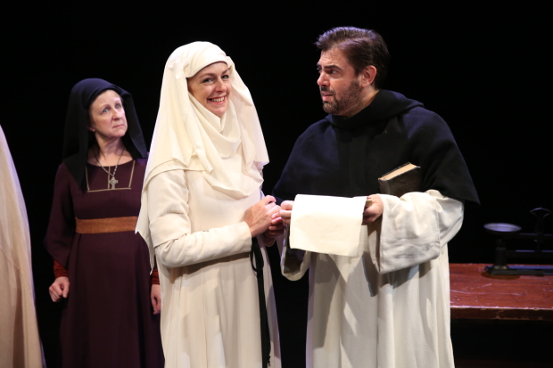 Andrus Nichols and Jason O&#39;Connell (foreground) with Pippa Pearthree in The Saintliness of Margery Kempe, directed by Austin Pendleton, at the Duke on 42nd Street.