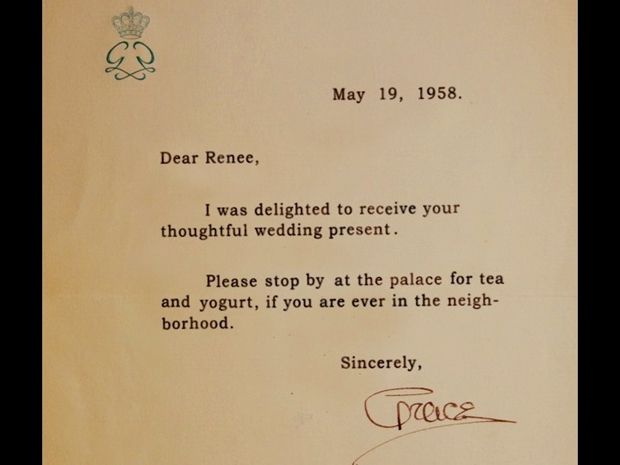 Renée Taylor&#39;s letter from Grace Kelly following Kelly&#39;s wedding.