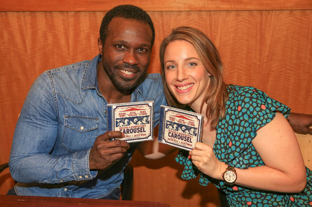 Joshua Henry and Jessie Mueller celebrate the release of the Carousel cast album.