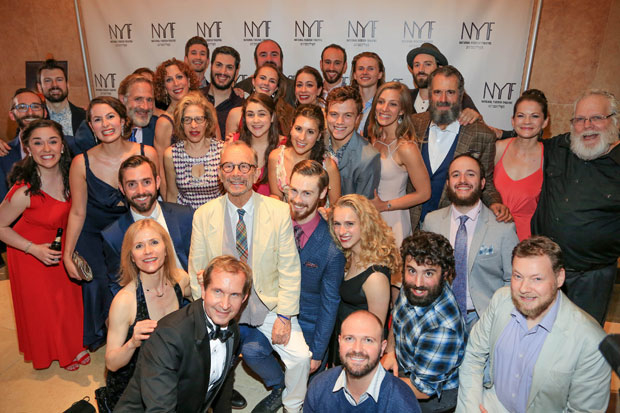 The company of National Yiddish Theatre Folksbiene celebrate opening night of the  US premiere of the Yiddish-language Fiddler on the Roof, directed by Joel Grey.
