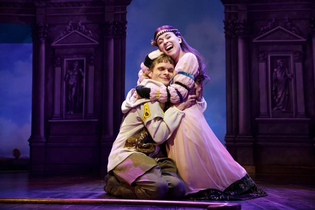 Andrew Durand and Alexandra Socha star as Musidorus and Philoclea, respectively, in Head Over Heels at Broadways Hudson Theatre.