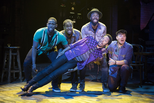 Jelani Remy, Shavey Brown, John Edwards, Dwayne Cooper (diagonal), and Max Sangerman star in Smokey Joe&#39;s Cafe, directed by Joshua Bergasse, at Stage 42.