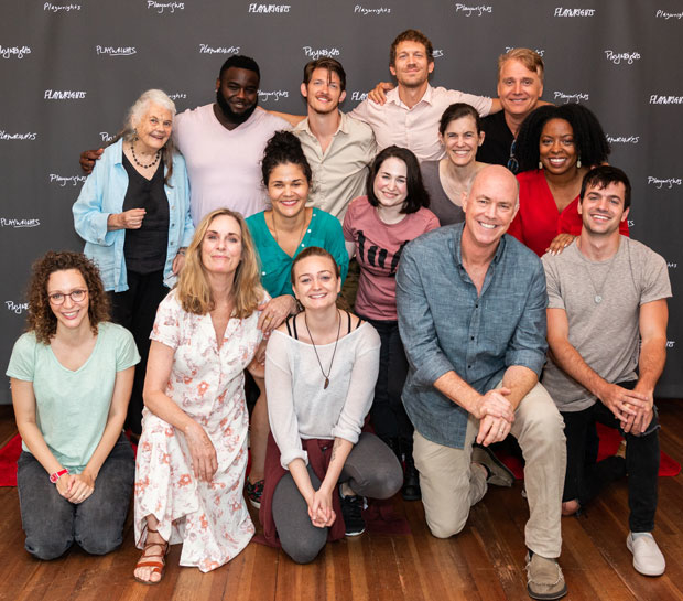 The company of I Was Most Alive With You celebrate the first day of rehearsals at Playwrights Horizons.