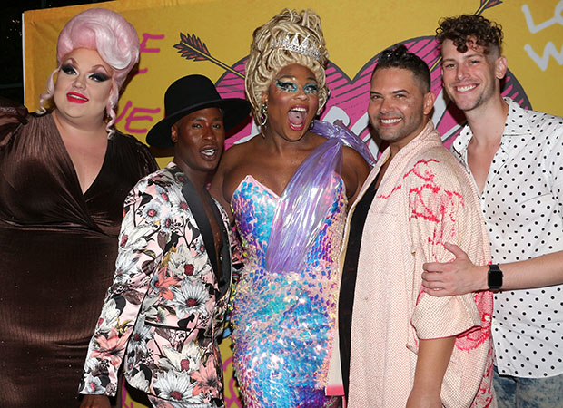 It&#39;s a RuPaul&#39;s Drag Race reunion at the opening of Head Over Heels, as star Peppermint (center) is congratulated by Eureka, Shea Couleé, Alexis Michelle, and Dusty Ray Bottoms.