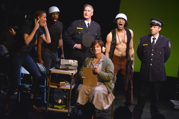 Jeremy Konopka, Uton Evan Onyejekwe, Bob Gaynor, Mary Callanan (seated), Joe Joseph, and Jonathan Spivey star in Jamie Leo and Paul Leschen&#39;s &#39;&#39;&#39;68: A New American Musical&#39;&#39;, directed by Joey Murray, for NYMF at the Acorn Theatre.