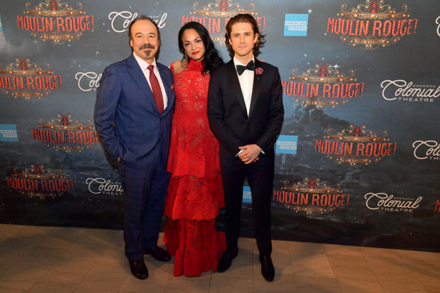 Danny Burstein, Karen Olivo, and Aaron Tveit celebrate at the gala event honoring the reopening of the Emerson Colonial Theatre.