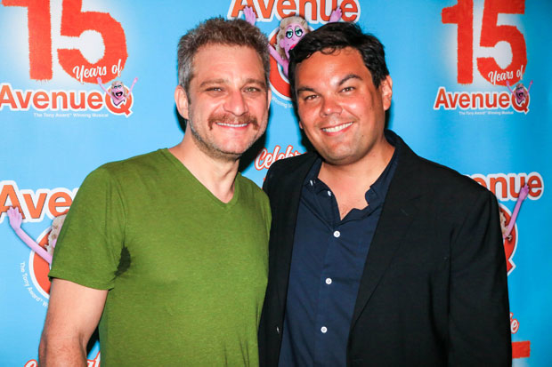 Avenue Q creators Jeff Marx and Robert Lopez celebrate the show&#39;s 15th Anniversary performance.