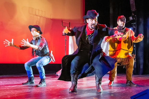 Marc Andrew Nuñez, Ryan Lanning, and Nolan Muñda appear in Abby Payne&#39;s The Gunfighter Meets His Match, directed by Jeff Davis, for NYMF at the Acorn Theatre.