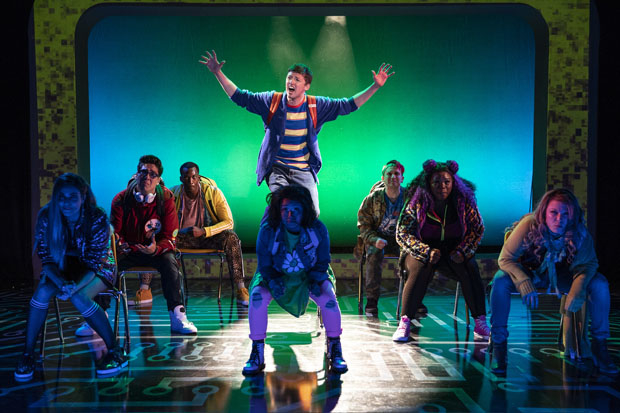 Will Roland (top center) leads the cast of Joe Iconis and Joe Tracz&#39;s Be More Chill, directed by Stephen Brackett, at Pershing Square Signature Center.