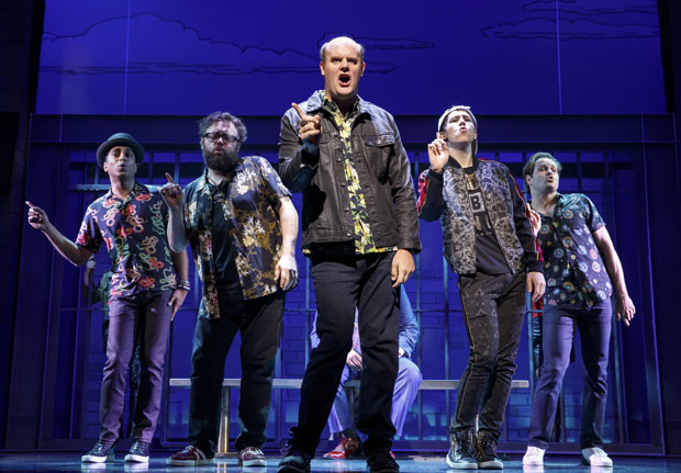 Manu Narayan, Jay Klaitz, Mitchell Jarvis, Tad Wilson, Paul Whitty, and Sawyer Nunes plays the band in Gettin&#39; the Band Back Together, directed by John Rando, at Broadway&#39;s Belasco Theatre.