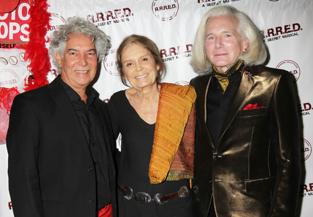 Even Gloria Steinem (center), seen here with hair and wig designer John D&#39;Orazio (left) and Jeffery Howard Brodersen, was intrigued to check R.R.R.E.D., which runs through October 21.