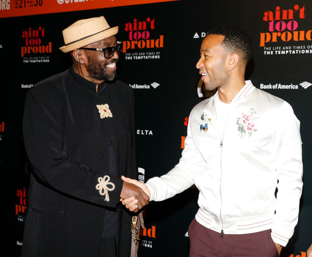Otis Williams and John Legend shake hands at the opening night celebration for Ain&#39;t Too Proud at Center Theatre Group&#39;s Ahmanson Theatre.