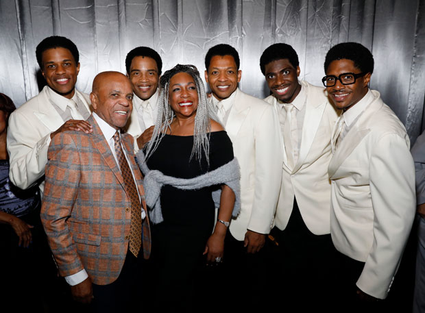 Jeremy Pope, Berry Gordy, James Harkness, Mary Wilson, Derrick Baskin, Jawan M. Jackson, and Ephraim Sykes gather for a photo.