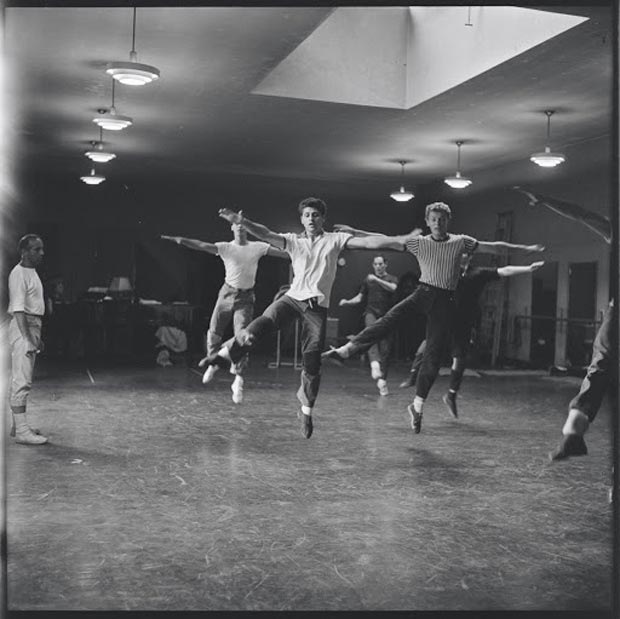 Dancers in rehearsal for the original stage production of West Side Story, choreographed and directed by Jerome Robbins.