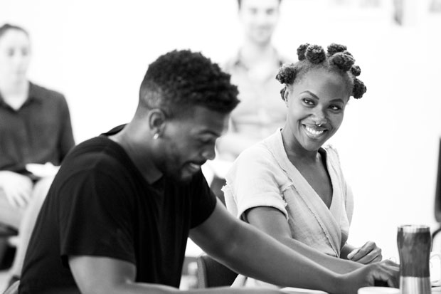 Khris Davis and DeWanda Wise do table work during rehearsals for Fireflies.