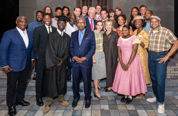 The cast and creative team of Little Rock pose with President William Clinton  and Secretary of State Hillary Rodham Clinton.