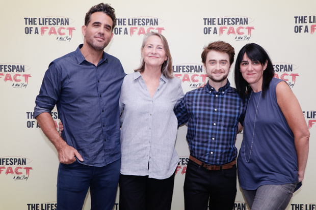 Director Leigh Silverman (right) joins stars Bobby Cannavale, Cherry Jones, and Daniel Radcliffe for a photo.