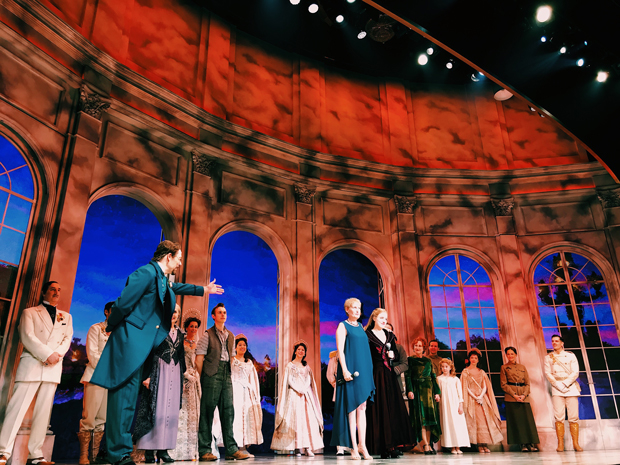 John Bolton introduces Liz Callaway, standing alongside Christy Altomare, during curtain call on the Friday, September 7, performance of Anastasia. 