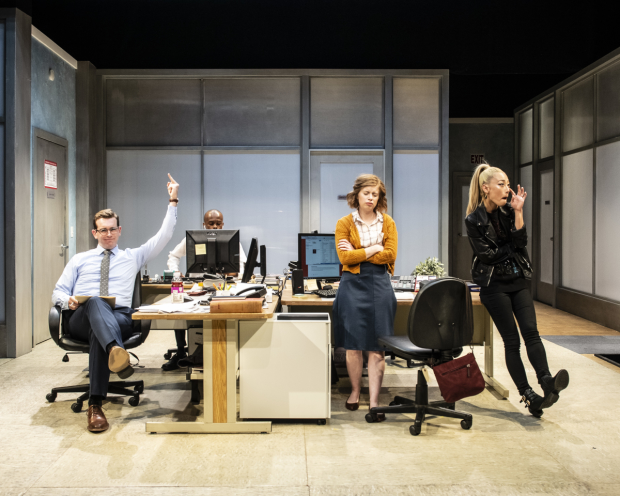 Conrad Schott, Justin Weaks, Megan Graves, and Eunice Hong in a scene from Gloria, directed by Kip Fagan, at Woolly Mammoth Theatre Company.